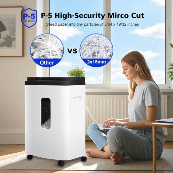 be326f6a8cb546b1b8d8a1e842535b15 150 Sheet Auto-Feed Micro Cut Paper Shredder for Home Office Use, P-5 Super High Security (5/64 x 19/32 inches), Large 6-Gallon Bin, 20-Min Continuous Run, 55dB Ultra-Quiet, White