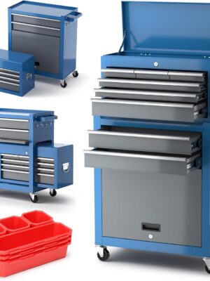 Tool Chest 8-Drawer | 42'' Large Rolling Tool Chest with Wheels | Detachable Top Metal Tool Box | Garage Storage Cabinet for Repair Room,Warehouse | Rolling Tool Box with Hooks,Liners,Tray Divider