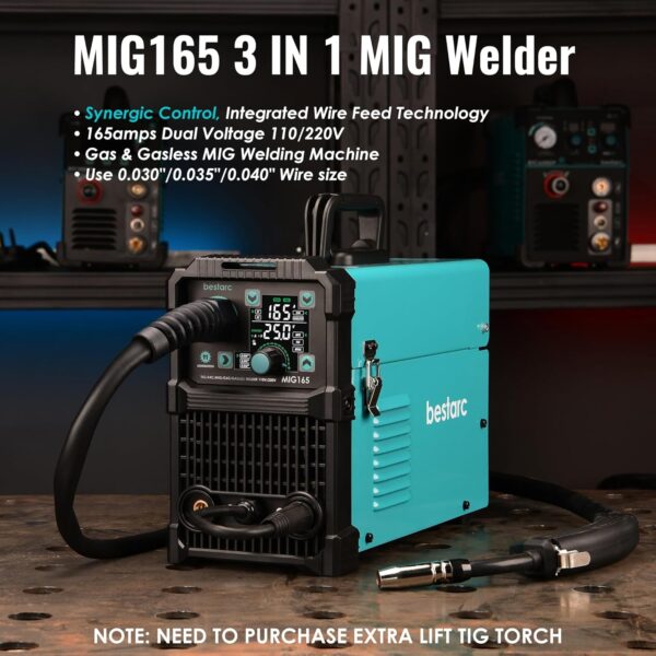 145A MIG Welder, 110V/220V Dual Voltage Gas/Gasless Flux Core MIG Welder/Lift TIG/Stick 3 in 1 Synergic MIG145 9GEN Welding Machine, Flux/Solid Welder Digital Screen Display