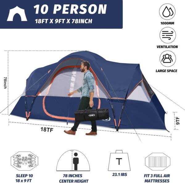 c1cbed5d6c7c48e9a54cd70b30c76a00 UNP Camping Tent 10-Person-Family Tents, Parties, Music Festival Tent, Big, Easy Up, 5 Large Mesh Windows, Double Layer, 2 Room, Waterproof, Weather Resistant, 18ft x 9ft x78in