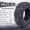 26x12x12 Atv Tires, Set of 2 Atv Tires 26x12-12 6PR, All Terrain Atv/Utv Off-Road Tires, Black