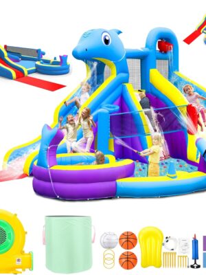 11-in-1 Inflatable Water Slide & Dolphin Bounce House w/2 Long Slides, 19.7 Ft x 13.1 Ft Extra Large Waterslide Climbing Wall w/Small Deeper Pool,Water Cannons,Hoop for Kids Backyard,550W Blower