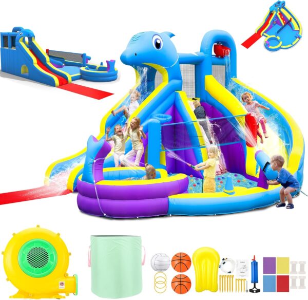 c53b37afe4524a49914beb97da2c87ff 11-in-1 Inflatable Water Slide & Dolphin Bounce House w/2 Long Slides, 19.7 Ft x 13.1 Ft Extra Large Waterslide Climbing Wall w/Small Deeper Pool,Water Cannons,Hoop for Kids Backyard,550W Blower