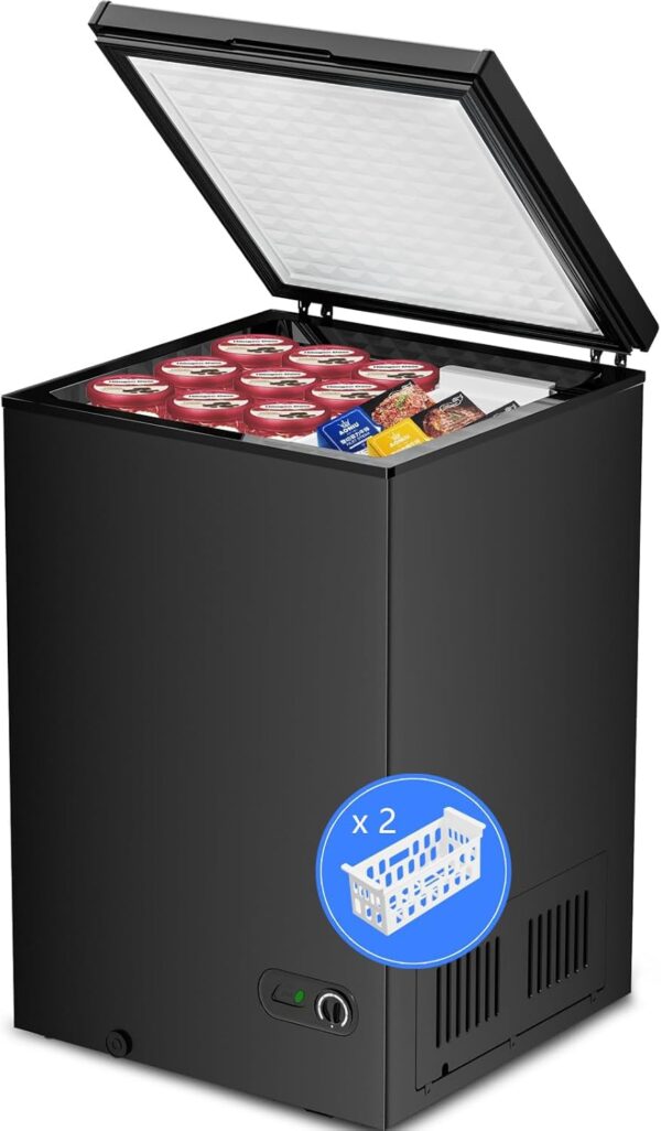 c785560cfc434aa7b0145af6fc0f0bd6 3.5 Cubic Feet Chest Freezer with 2 Removable Baskets Free Standing Top Open Door Compact Freezer with Adjustable Temperature for Home/Kitchen/Office/Bar (3.5 Cubic Feet, White)