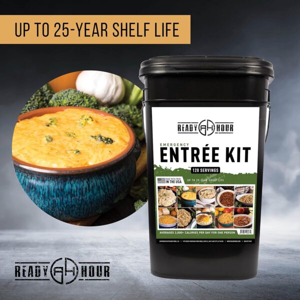 c93401541fae4ac4ab185450c8dfb75f Ready Hour, Emergency Meal Entrées, Real Non-Perishable Meals, 25-Year Shelf Life, Portable Flood-Safe Container, 120 Servings
