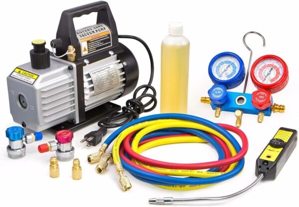 ca329f85309e46d094d5f90d5cbd1d70 Premium 4CFM Air Vacuum Pump HVAC A/C Refrigeration Kit AC Manifold Gauge Case Set R134a Tap w/Leak Detector and Carrying Tote Bag