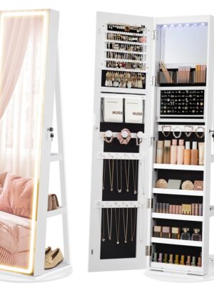 SONGMICS LED Mirror Jewelry Cabinet Standing Jewelry Armoire Organizer Box with Full-Length Mirror and Adjustable LED Lights White