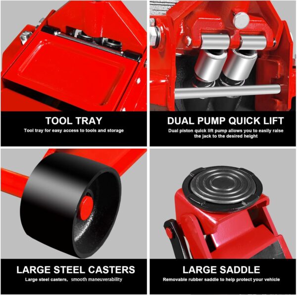 3 Ton Low Profile, Aluminum and Steel Racing Floor Jack with Dual Pistons Quick Lift Pump for Sport Utility Vehicle, Lifting Range 3-15/16" min to 18-5/16" max, Red