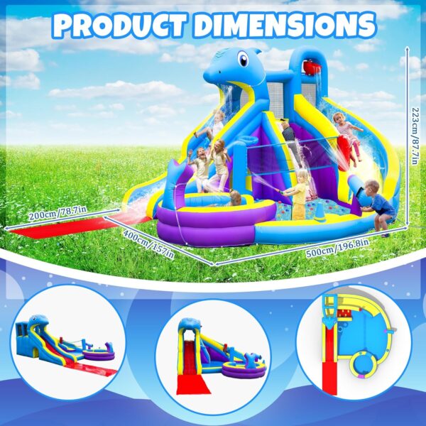 cd8664ae3f3a43d3b41c547afeb40a14 11-in-1 Inflatable Water Slide & Dolphin Bounce House w/2 Long Slides, 19.7 Ft x 13.1 Ft Extra Large Waterslide Climbing Wall w/Small Deeper Pool,Water Cannons,Hoop for Kids Backyard,550W Blower