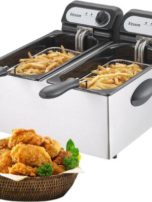3000W Commercial Electric Deep Fryer With Baskets & Lids,2x3L Stainless Steel Double Deep Fryer,Small Deep Fryer With Basket,Temperature Control,Overheat Protection