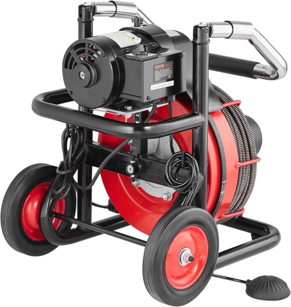 cf959fc9a93642e390a522707ec0deed VEVOR Drain Cleaner Machine 100FT x 1/2 Inch, Auto Feed Sewer Snake Auger on Wheels, 550W Portable Drain Cleaning Machine with 8 Cutters & Air-activated Foot Switch for 2" to 4" Pipes