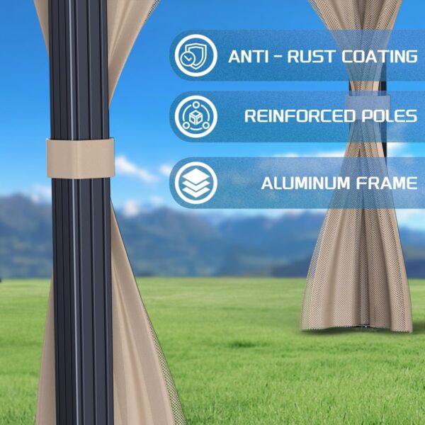 10’x10′ Hardtop Gazebo with double metal roof, aluminum frame, net, and curtain. All-weather, ideal for patio, deck, garden, backyard. Khaki.
