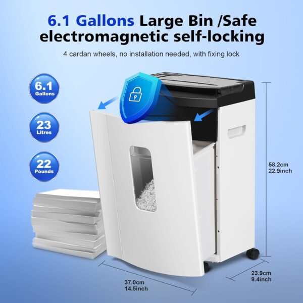 d1e52142a0294bbb8adb97e5d8c0f472 150 Sheet Auto-Feed Micro Cut Paper Shredder for Home Office Use, P-5 Super High Security (5/64 x 19/32 inches), Large 6-Gallon Bin, 20-Min Continuous Run, 55dB Ultra-Quiet, White