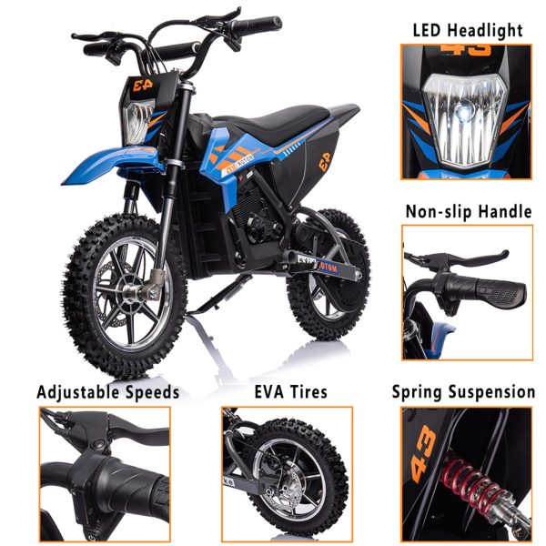 d2969336395241b1bcb4868c8980c9d4 36V Kids Electric Dirt Bike, 36V, 350W, 15.5MPH, LED, 175lbs Max – Blue