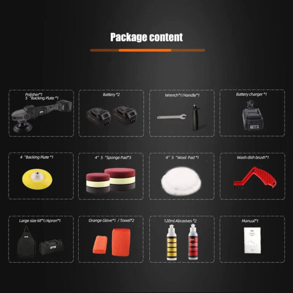 d2d52f85cfb4445fa98b2535d42a51b0 18V Cordless Car Polisher, 15mm Orbit 2000-4800 OPM Portable Buffer Polisher with 7 Variable Speed 2Pcs 4.0Ah Battery, 6 Sponge Pads,2 Wool Pad, Tool Bag for Car Polishing, Waxing