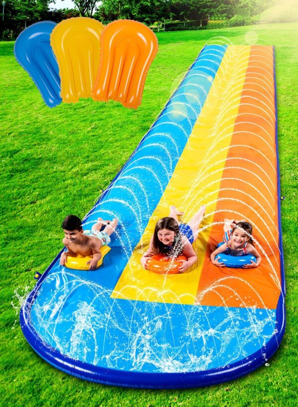 d4f527885c1f4517958e42460ddaafc5 Sloosh Triple Water Slide with 3 BodyBoards, 22.5FT Lawn Water Splash Slip and Slide Summer Toy Splash Pad with Build in Advanced Sprinkler for Kids Adults Backyard Summer Water Fun