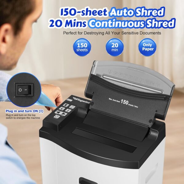 d5438584e0e14f038bb52ba3c7015d32 150 Sheet Auto-Feed Micro Cut Paper Shredder for Home Office Use, P-5 Super High Security (5/64 x 19/32 inches), Large 6-Gallon Bin, 20-Min Continuous Run, 55dB Ultra-Quiet, White