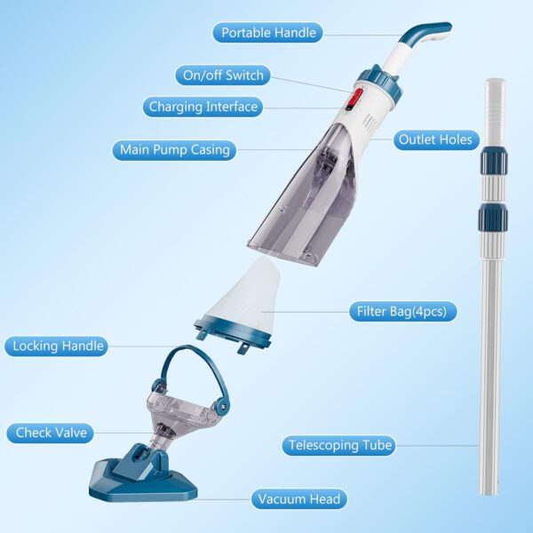 d58788097bbe4f98b638ec4a64f96fc1 Pool Vacuum for Above Ground Pool with a Telescopic Pole, Running time up to 1H, T403 Handheld Rechargeable Pool Cleaner with Powerful Suction up to 18.5 gallons/min, Ideal for Leaves, Debris
