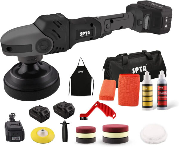 d707ca0b453d41cebce6d4fb6efee5e3-1 18V Cordless Car Polisher, 15mm Orbit 2000-4800 OPM Portable Buffer Polisher with 7 Variable Speed 2Pcs 4.0Ah Battery, 6 Sponge Pads,2 Wool Pad, Tool Bag for Car Polishing, Waxing