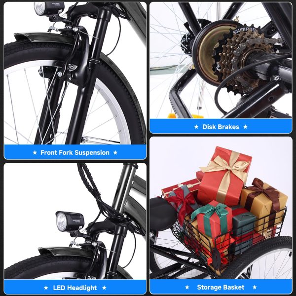 d715dbc1d12741c195cfb054fe80f43e 26 Inch Adult 3 Wheel Electric Tricycle with Basket, Fat Tires,7 Speeds,350W Powerful Motor, 36V 10Ah Removable Battery – Dark Gray