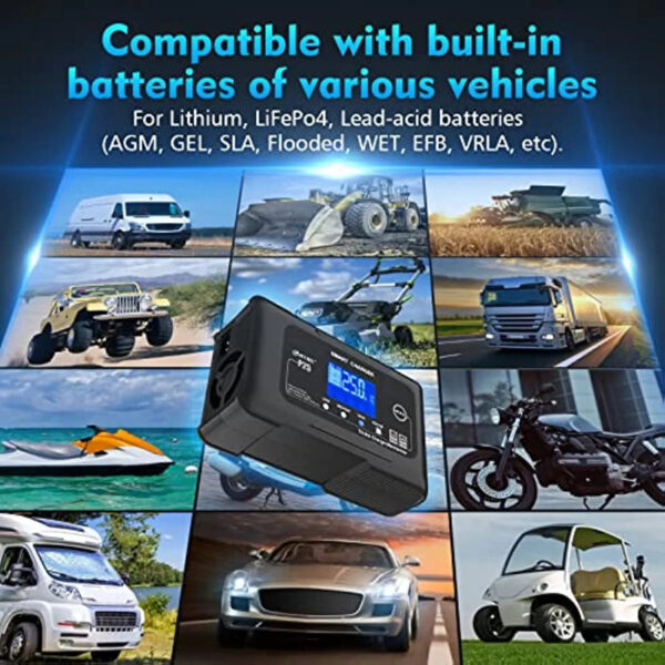 d86dcb310a5f4194a72d42ceafaa805e 25-Amp Smart Battery Charger,Lithium,LiFePO4,Lead-Acid AGM/Gel/SLA.. Car Battery Charger,Trickle Charger, Maintainer/deep Cycle Charger,12V/25A and 24V/13A,for Motorcy,Boat,Lawn Mower,Golf cart..