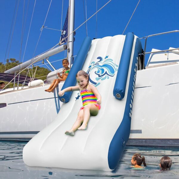 db4f8fce5cb6408bbec1c25dfdf8a530 Pontoon Waterfall Slide, Inflatable Pontoon Boat Water Slide for Kids Backyard Pool Sea, Electric Air Pump & Storage Bag