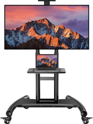 Rolling/Mobile TV Cart with Wheels for 32-82 Inch LCD LED 4K Flat Screen TVs - TV Floor Stand with Shelf Holds Up to 100 lbs, Height Adjustable Trolley Max VESA 600x400mm- PSTVMC05