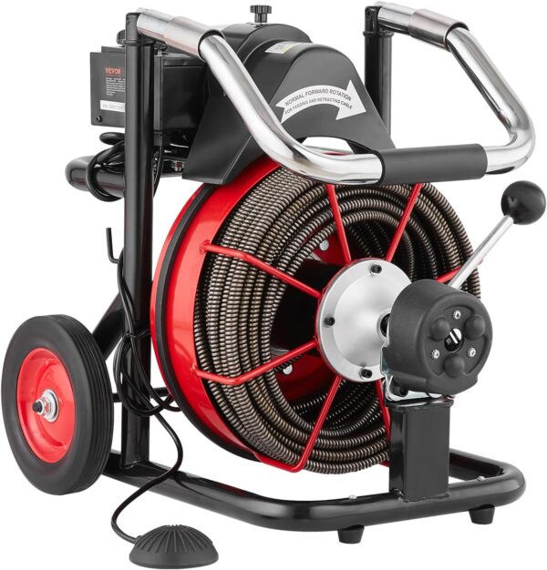 e1e524ff9a6f444da9a49eb888eac7e5 VEVOR Drain Cleaner Machine 100FT x 1/2 Inch, Auto Feed Sewer Snake Auger on Wheels, 550W Portable Drain Cleaning Machine with 8 Cutters & Air-activated Foot Switch for 2" to 4" Pipes