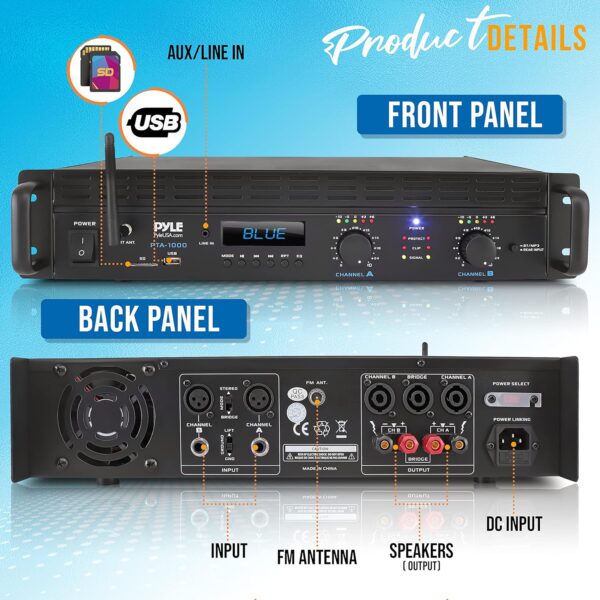e2e71a3eef1f4c77ad330c395e83a692 2-Channel Bluetooth Power Amplifier - 2000W Bridgeable Rack Mount Pro Audio Sound Wireless Home Stereo Receiver w/TRS XLR Input,LCD, Bridge Mode, Cooling Fan - Entertainment Speaker System