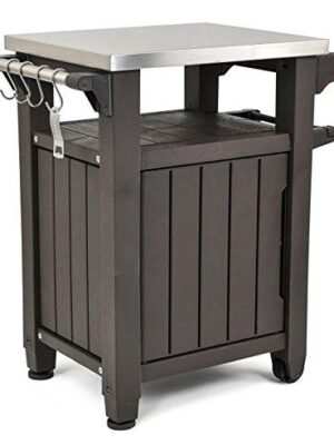 Unity Portable Outdoor Table and Storage Cabinet with Hooks for Grill Accessories-Stainless Steel Top for Patio Kitchen Island or Bar Cart, Espresso Brown