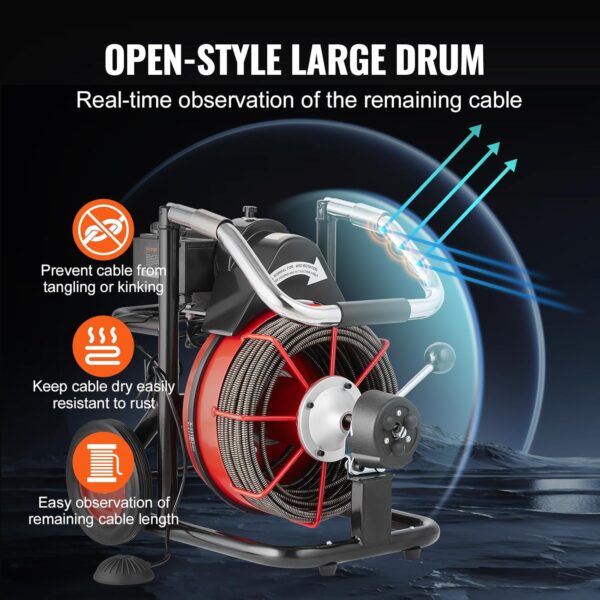 e808cd8f879f4ee4ac64f1161d108f80 VEVOR Drain Cleaner Machine 100FT x 1/2 Inch, Auto Feed Sewer Snake Auger on Wheels, 550W Portable Drain Cleaning Machine with 8 Cutters & Air-activated Foot Switch for 2" to 4" Pipes