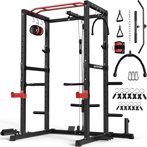 ea3baa8941924460a8e1a640abd40a4d Sportsroyals Power Cage,1600lbs Multi-Function Power Rack with Adjustable Cable Crossover System and More Training Attachment, Weight Cage for Home Gym