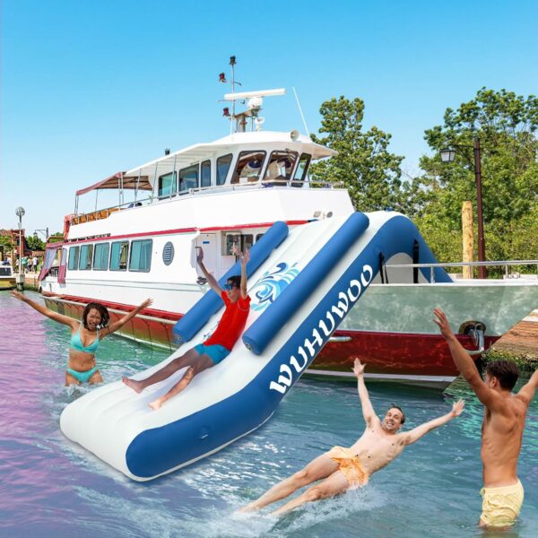 f0e3607d115a4315bb4f92f3f3ed43bc Pontoon Waterfall Slide, Inflatable Pontoon Boat Water Slide for Kids Backyard Pool Sea, Electric Air Pump & Storage Bag