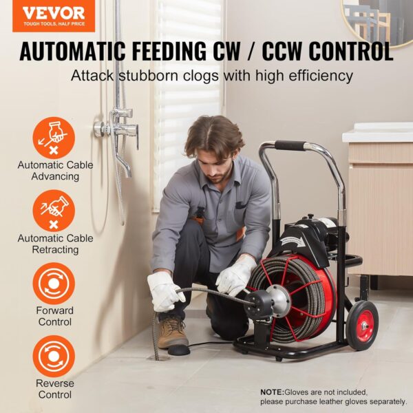 f7cbeb2691524a159405995bee0573c6 VEVOR Drain Cleaner Machine 100FT x 1/2 Inch, Auto Feed Sewer Snake Auger on Wheels, 550W Portable Drain Cleaning Machine with 8 Cutters & Air-activated Foot Switch for 2" to 4" Pipes