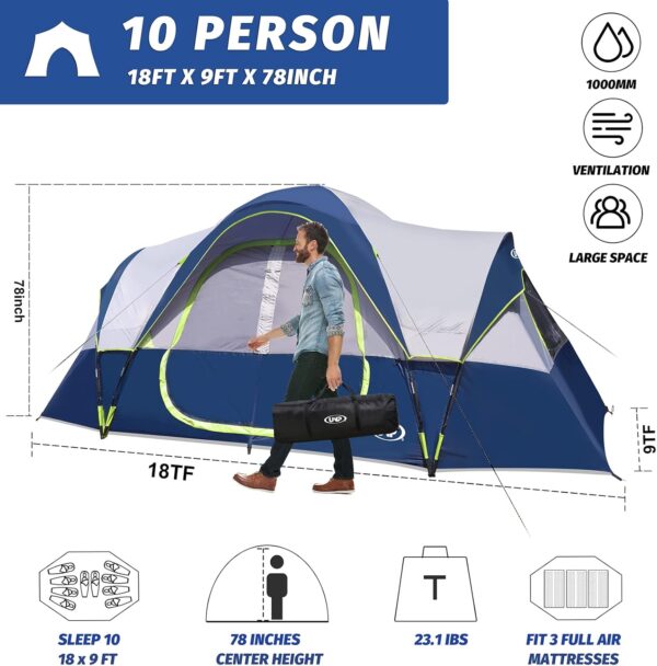 f976758e09d543be814d334cf2f3838e UNP Camping Tent 10-Person-Family Tents, Parties, Music Festival Tent, Big, Easy Up, 5 Large Mesh Windows, Double Layer, 2 Room, Waterproof, Weather Resistant, 18ft x 9ft x78in