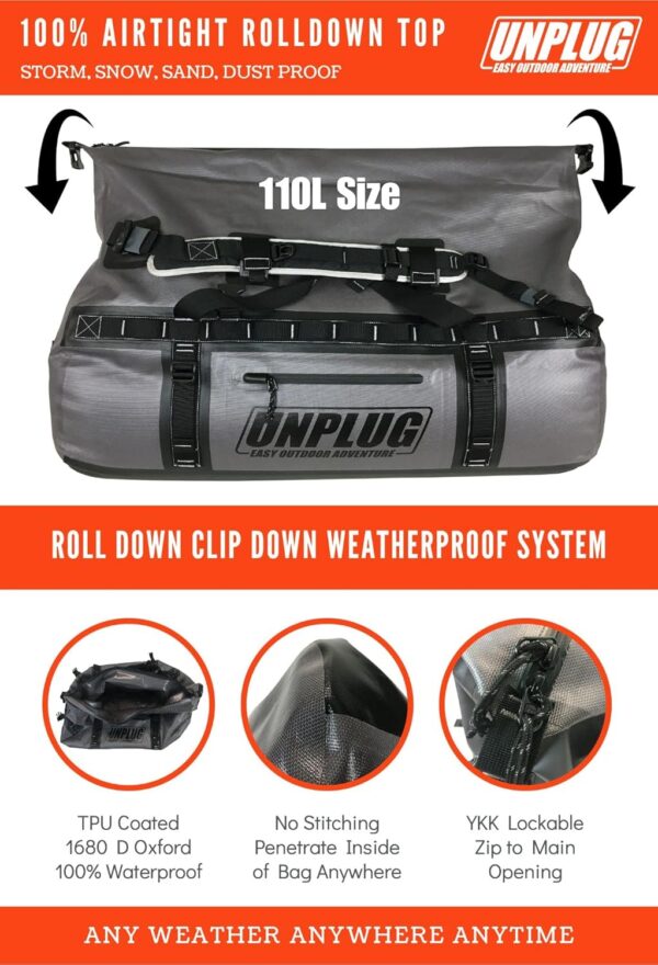 UNPLUG Ultimate Adventure Bag -1680D Heavy Duty Waterproof Travel Duffel Bags for Camping, Motorcycle Dry Bag, Waterproof Bags for Boating, Waterproof Duffle Backpack,Tactical Duffle Bag
