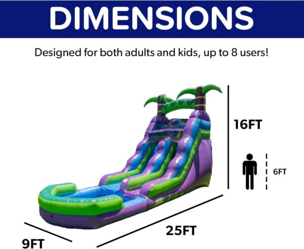 16’ Purple Tropical Lightweight Premium Commercial Grade Water Slide Inflatable with Attached Pool for Kids and Adults (with Blower), Wet Dry Use, Summer Fun